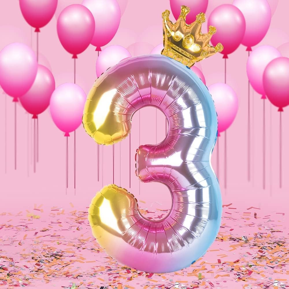 Balon Cifra 3 Aniversar, Figurina cu Coronita, Efect Gradient, Folie Metalizata, Umflare Aer sau Heliu, 80 cm, Multicolor