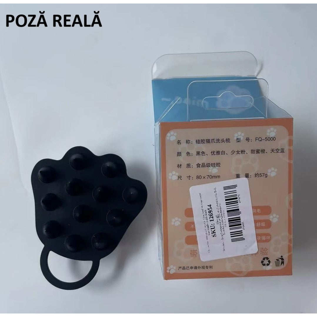Perie pentru Masajul Scalpului și Șamponare, Stimularea Creșterii Părului și Curățare Silicon, Model Labuță de Pisică, Silicon și Plastic, 7x8 cm, Negru