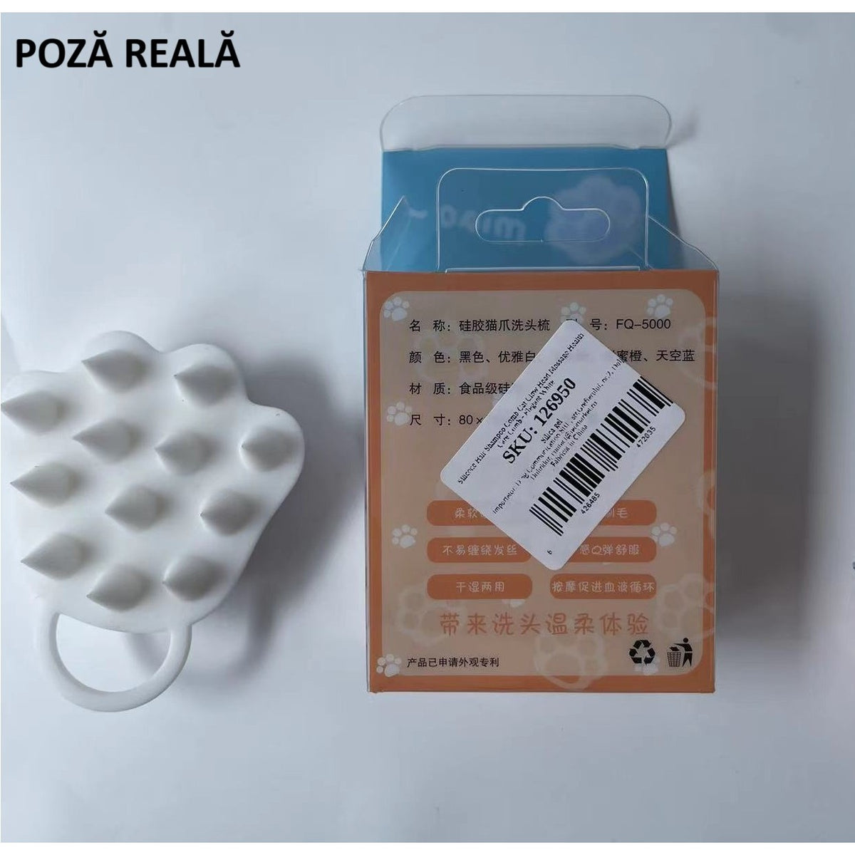 Perie pentru Masajul Scalpului si Aplicare Sampon, Stimularea Cresterii Parului si Exfoliere, Silicon si Plastic, Design Labuta de Pisica, 7x8 cm, Alb