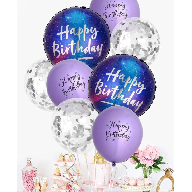 Balon Aniversar din Folie Metalizata, Model Rotund Happy Birthday Cer Instelat, Umflare Aer sau Heliu, Pai Inclus, 45 cm, Multicolor