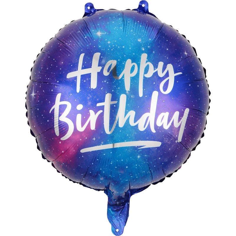 Balon Aniversar din Folie Metalizata, Model Rotund Happy Birthday Cer Instelat, Umflare Aer sau Heliu, Pai Inclus, 45 cm, Multicolor