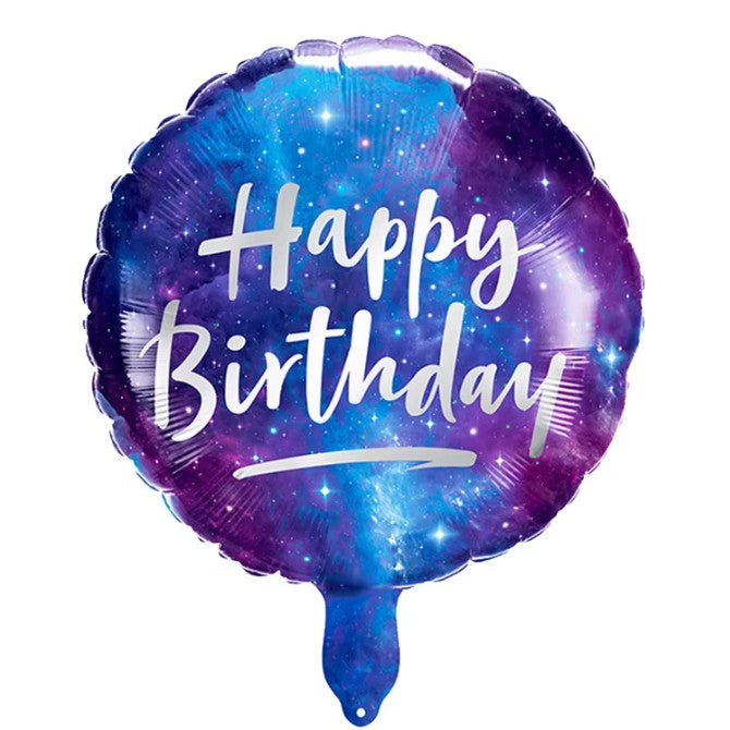 Balon Aniversar din Folie Metalizata, Model Rotund Happy Birthday Cer Instelat, Umflare Aer sau Heliu, Pai Inclus, 45 cm, Multicolor