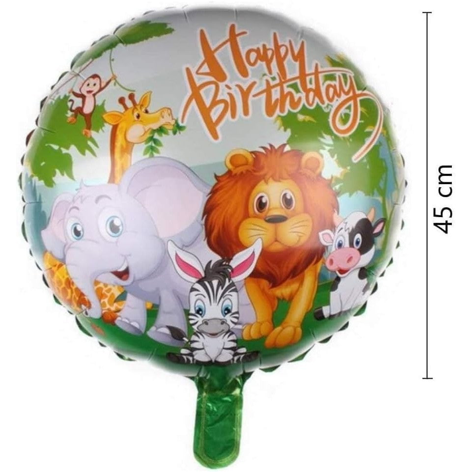 Balon Aniversar Happy Birthday, Figurina Rotunda cu Model Animalute, Folie Metalizata, Umflare Aer sau Heliu, include Pai, 45 cm, Multicolor