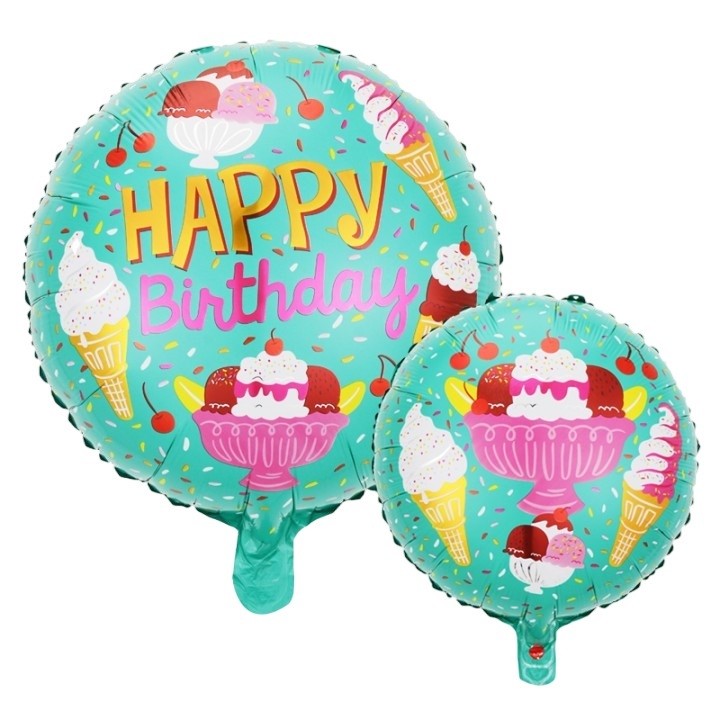 Balon Aniversar Happy Birthday, Model Rotund cu Inghetata, Folie Metalizata, Umflare cu Aer sau Heliu, include Pai de Umflat, 45 cm, Verde