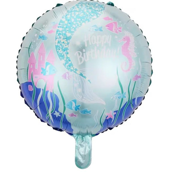 Balon Aniversar Happy Birthday, Model Căluți de Mare, Figurina Rotundă din Folie Metalizată, Umflare Aer sau Heliu, Diametru 45 cm, Pai Inclus, Multicolor
