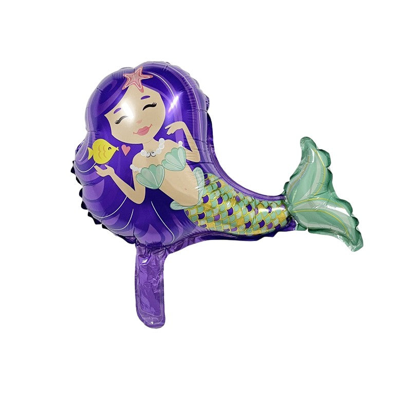 Balon Folie Metalizata Sirena Cu Par Mov, Mini Figurina Tematica Aniversare, Model Multicolor, Umflare Aer Sau Heliu, Include Pai, 39x37 cm