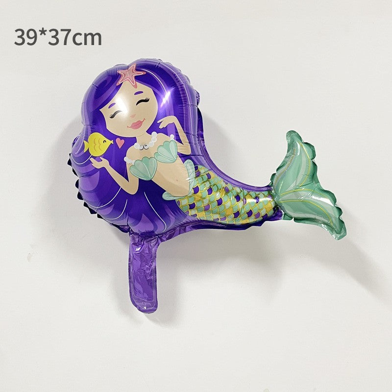 Balon Folie Metalizata Sirena Cu Par Mov, Mini Figurina Tematica Aniversare, Model Multicolor, Umflare Aer Sau Heliu, Include Pai, 39x37 cm