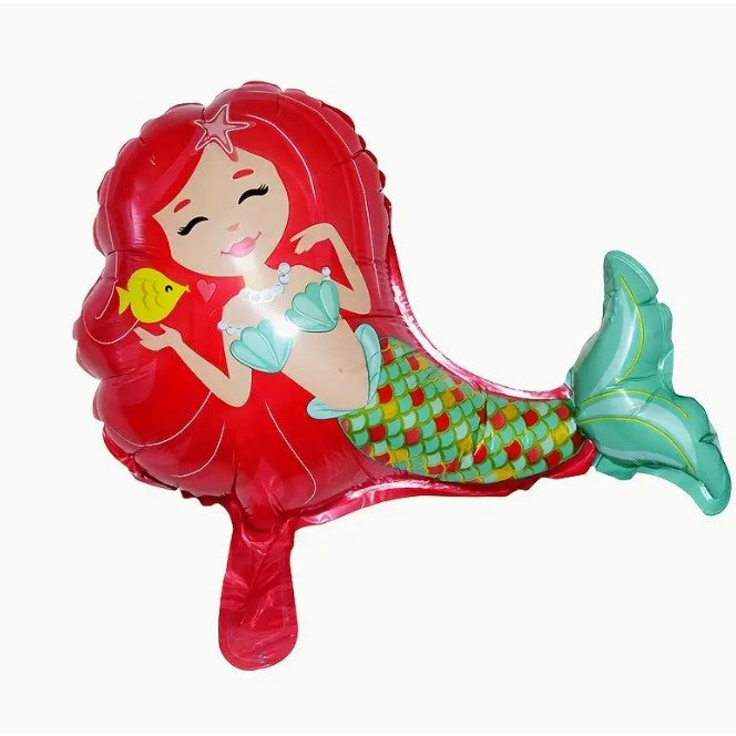 Balon din Folie Metalizata, Figurina Mini Sirena cu Par Rosu, Tematica Aniversare Party, Umflare Aer sau Heliu, include Pai, 39x37 cm, Multicolor