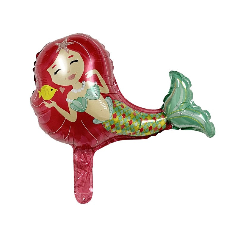 Balon din Folie Metalizata, Figurina Mini Sirena cu Par Rosu, Tematica Aniversare Party, Umflare Aer sau Heliu, include Pai, 39x37 cm, Multicolor
