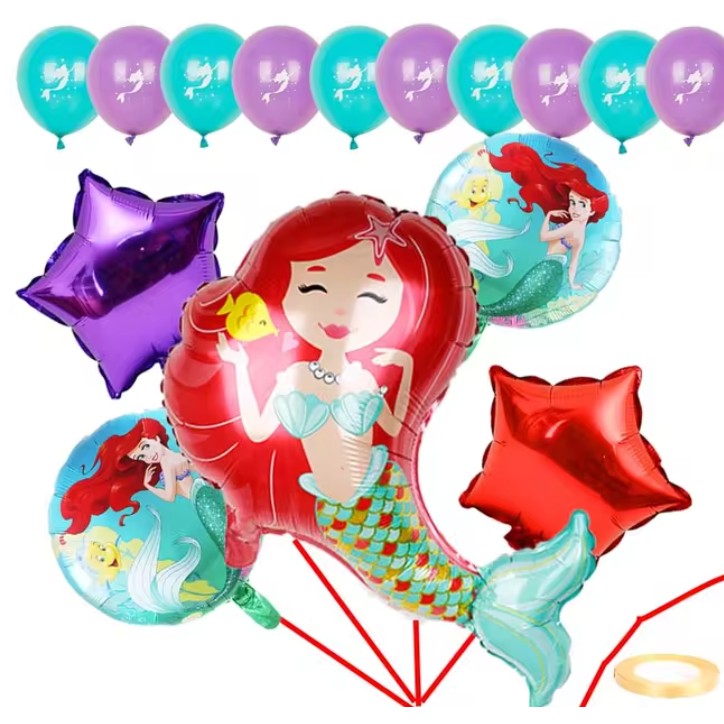 Balon din Folie Metalizata, Figurina Mini Sirena cu Par Rosu, Tematica Aniversare Party, Umflare Aer sau Heliu, include Pai, 39x37 cm, Multicolor