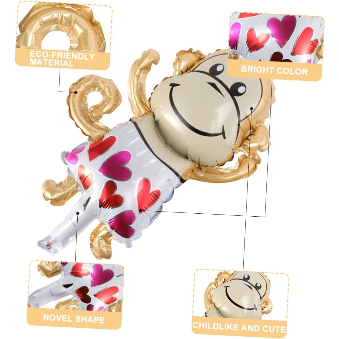 Balon din Folie Metalizată, Mini Figurină Animăluțe Model Maimuțică, Tematică Aniversare, Umflare Aer sau Heliu, Pai Inclus, Multicolor, 45x28 cm