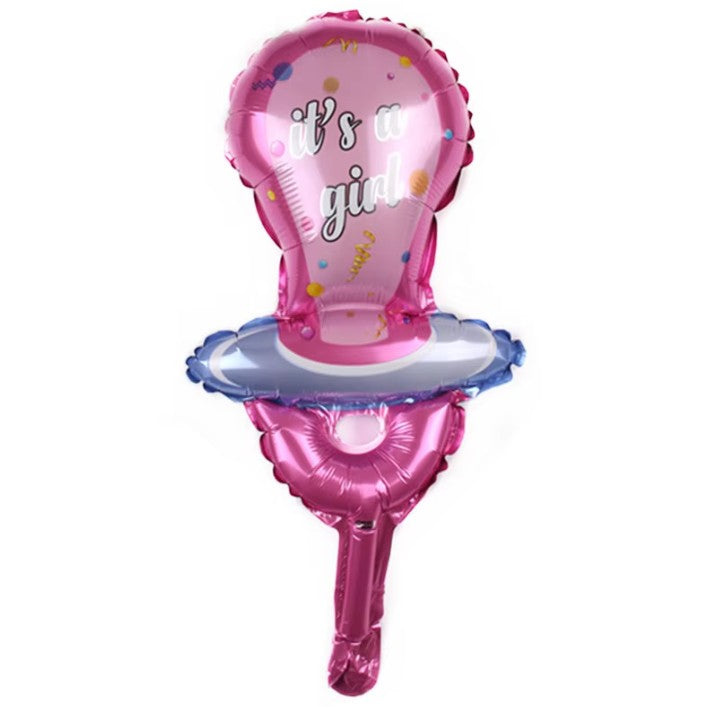 Balon din Folie Metalizata Model Suzeta, Mini Figurina Petrecere Gender Reveal si Botez, Umflare Aer sau Heliu, include Pai, 23x50 cm, Roz