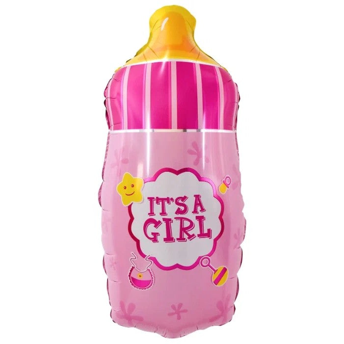 Balon din Folie Metalizata, Mini Figurina Biberon It's a Girl, Decoratiune Gender Reveal si Baby Shower, Umflare Aer sau Heliu, Roz, 44x20 cm