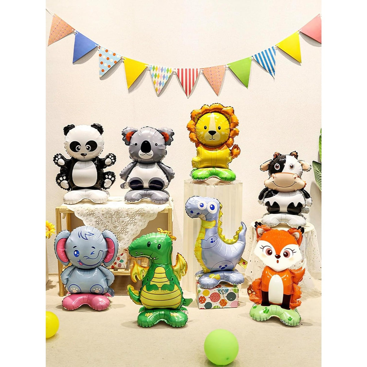Balon din Folie Metalizata Leu, Mini Figurina Animalute pentru Petreceri Tematice, Umflare cu Aer sau Heliu, Include Pai, Multicolor, 39x58 cm