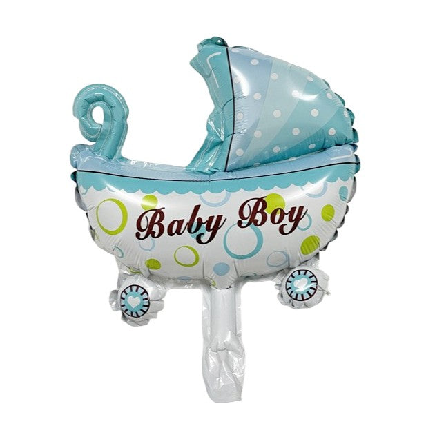 Balon din Folie Metalizata, Mini Figurina Model Carucior Bebelus, Tematica Gender Reveal si Botez, Umflare Aer sau Heliu, include Pai, 39x29 cm, Albastru