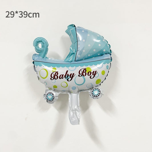 Balon din Folie Metalizata, Mini Figurina Model Carucior Bebelus, Tematica Gender Reveal si Botez, Umflare Aer sau Heliu, include Pai, 39x29 cm, Albastru