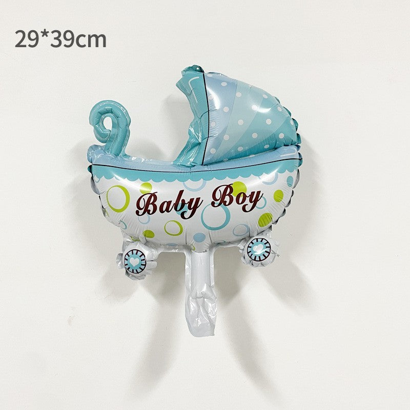 Balon din Folie Metalizata, Mini Figurina Model Carucior Bebelus, Tematica Gender Reveal si Botez, Umflare Aer sau Heliu, include Pai, 39x29 cm, Albastru