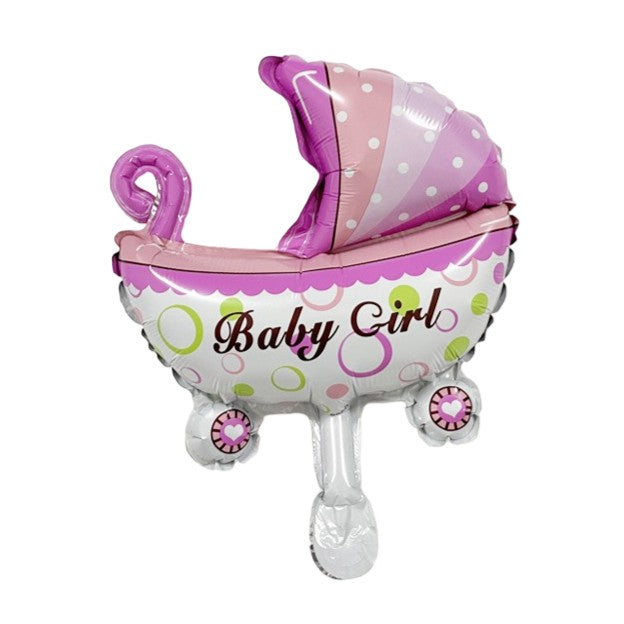 Balon Folie Metalizata Mini Figurina, Model Carucior Bebelus, Tematica Gender Reveal si Baby Shower, Umflare Aer sau Heliu, Roz, 39x29 cm