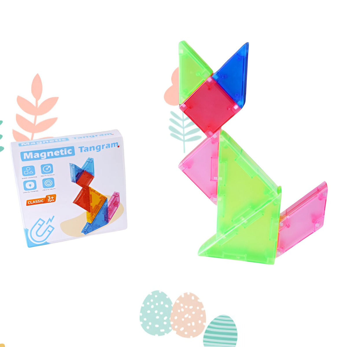Joc Magnetic Tangram, Puzzle Educational pentru Dezvoltarea Gandirii Logice si Matematice, 7 Piese Geometrice, Material EVA si ABS, 3 Ani+, Multicolor, 10.5 x 10.5 x 2.2 cm