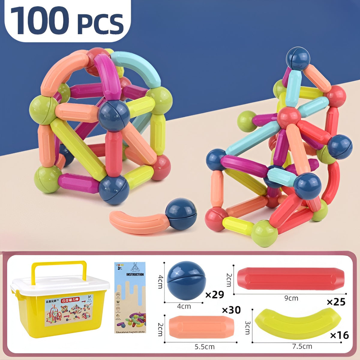 Set Constructie Magnetica 100 Piese, Joc Educativ cu Bastonase si Bile Magnetice, Puzzle 3D STEM pentru Dezvoltarea Creativitatii, Material ABS Non-Toxic, Multicolor
