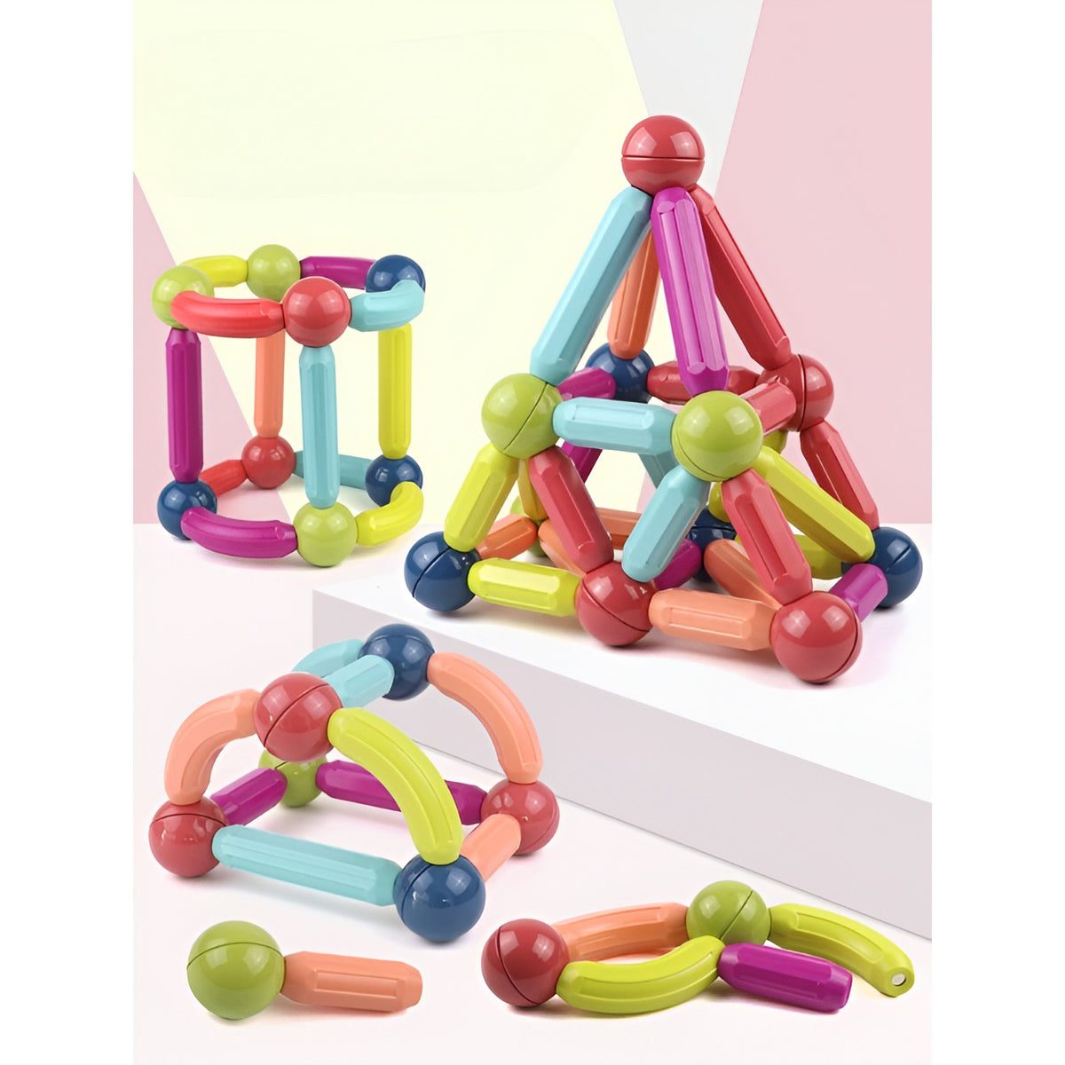 Set Constructie Magnetica 100 Piese, Joc Educativ cu Bastonase si Bile Magnetice, Puzzle 3D STEM pentru Dezvoltarea Creativitatii, Material ABS Non-Toxic, Multicolor