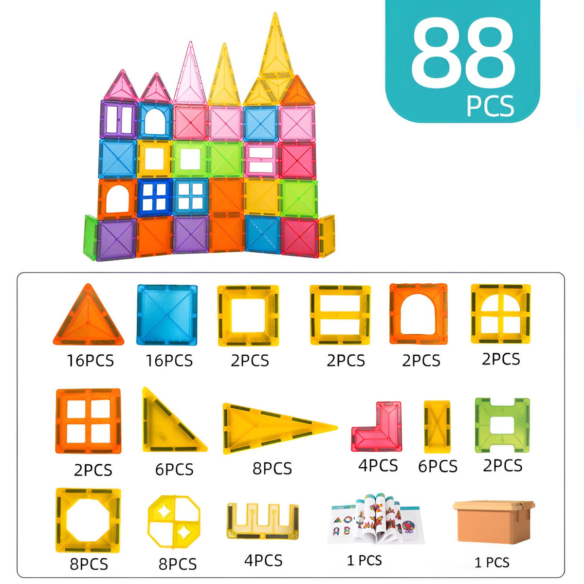 Set de Constructie Magnetic, Joc Educational Tip Puzzle 3D, Forme Geometrice Creative, Material ABS Non-Toxic, 88 Piese, 5.5 cm, Multicolor
