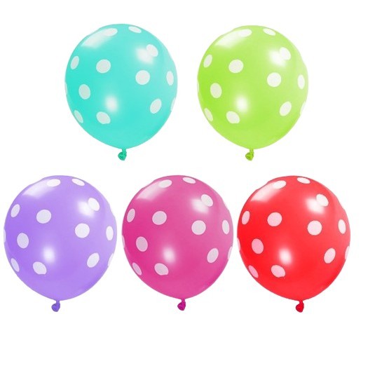 Set 10 Baloane din Latex cu Buline Albe, Accesorii Decor Petrecere, Material Biodegradabil, Mix 5 Culori, 23 cm, 1.4 g