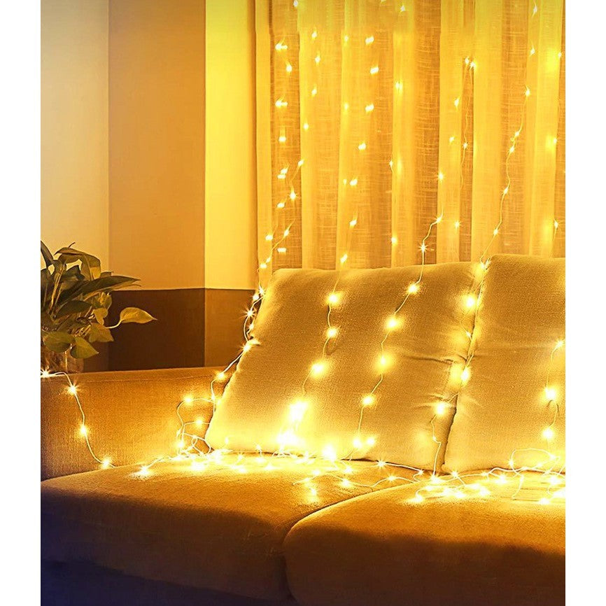 Instalatie de Craciun Tip Perdea, 200 LED-uri cu Telecomanda si Senzor Muzical, Alimentare Baterii, 8 Moduri Iluminare, Fir Transparent, 2 x 2 m, Alb Cald