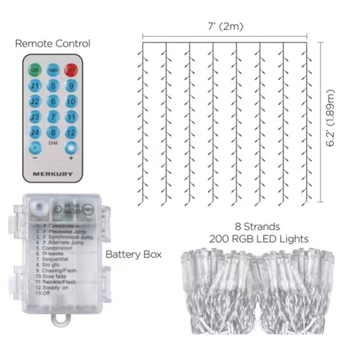 Instalatie De Craciun Tip Perdea, Alimentare Cu Baterii, 8 Jocuri De Lumini Si Telecomanda, Fir Transparent, 200 LED-uri, 2 x 2 m, Multicolor