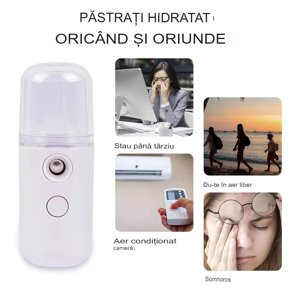Spray Facial Nano Mist, Hidratare și Igienizare cu Abur Rece, Încărcare USB, Rezervor 30 mL, Alb