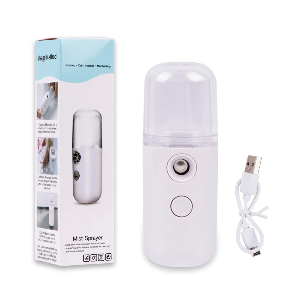 Spray Facial Nano Mist, Hidratare și Igienizare cu Abur Rece, Încărcare USB, Rezervor 30 mL, Alb