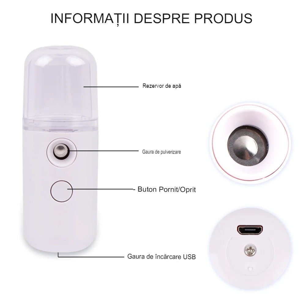 Spray Facial Nano Mist, Hidratare și Igienizare cu Abur Rece, Încărcare USB, Rezervor 30 mL, Alb