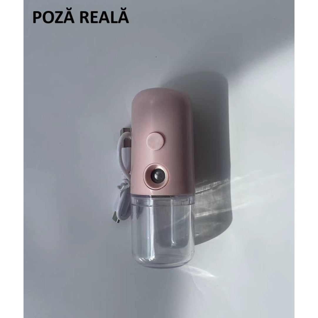 Spray de Hidratare Facială cu Tehnologie Nano, Dispozitiv Portabil pentru Abur Rece și Igienizare, Încărcare USB, Rezervor 30 mL, Alb/Roz/Albastru