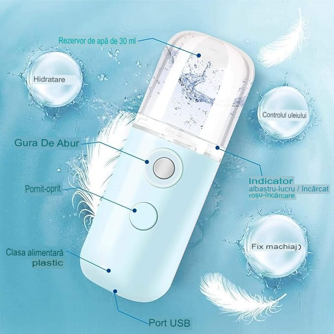 Spray de Hidratare Facială cu Tehnologie Nano, Mini Pulverizator Portabil cu Abur Rece, Reîncărcabil USB, Rezervor 30 mL, Albastru