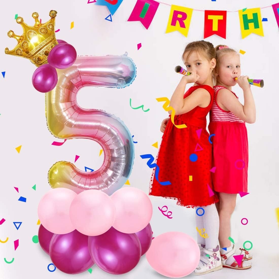Balon Aniversar Cifra 5, Figurina Gigant 100 cm, Efect Gradient Multicolor, Folie Aluminiu Rezistenta, Umflare Aer sau Heliu, Include Pai Umflare, 1 Bucata