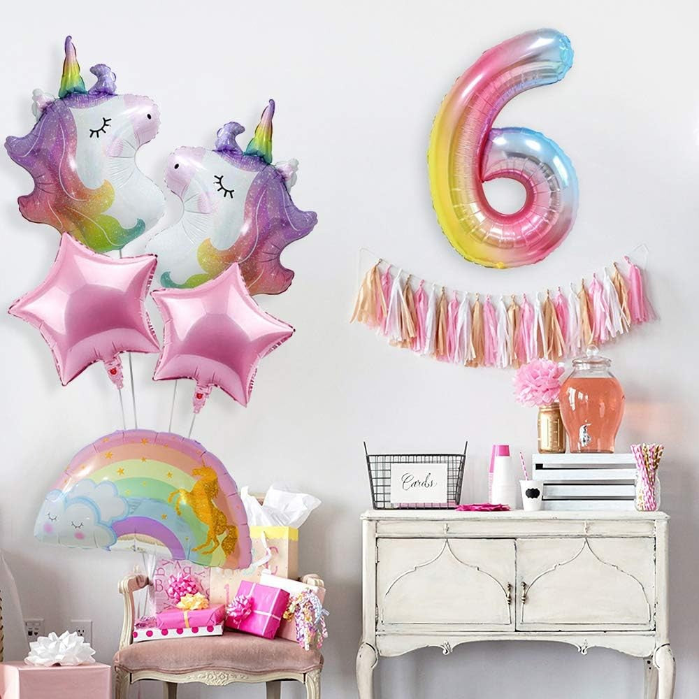 Balon Aniversar Cifra 6, Figurina Gigant 100 cm, Efect Metalizat Gradient, Folie Aluminiu, Umflare Aer sau Heliu, Multicolor