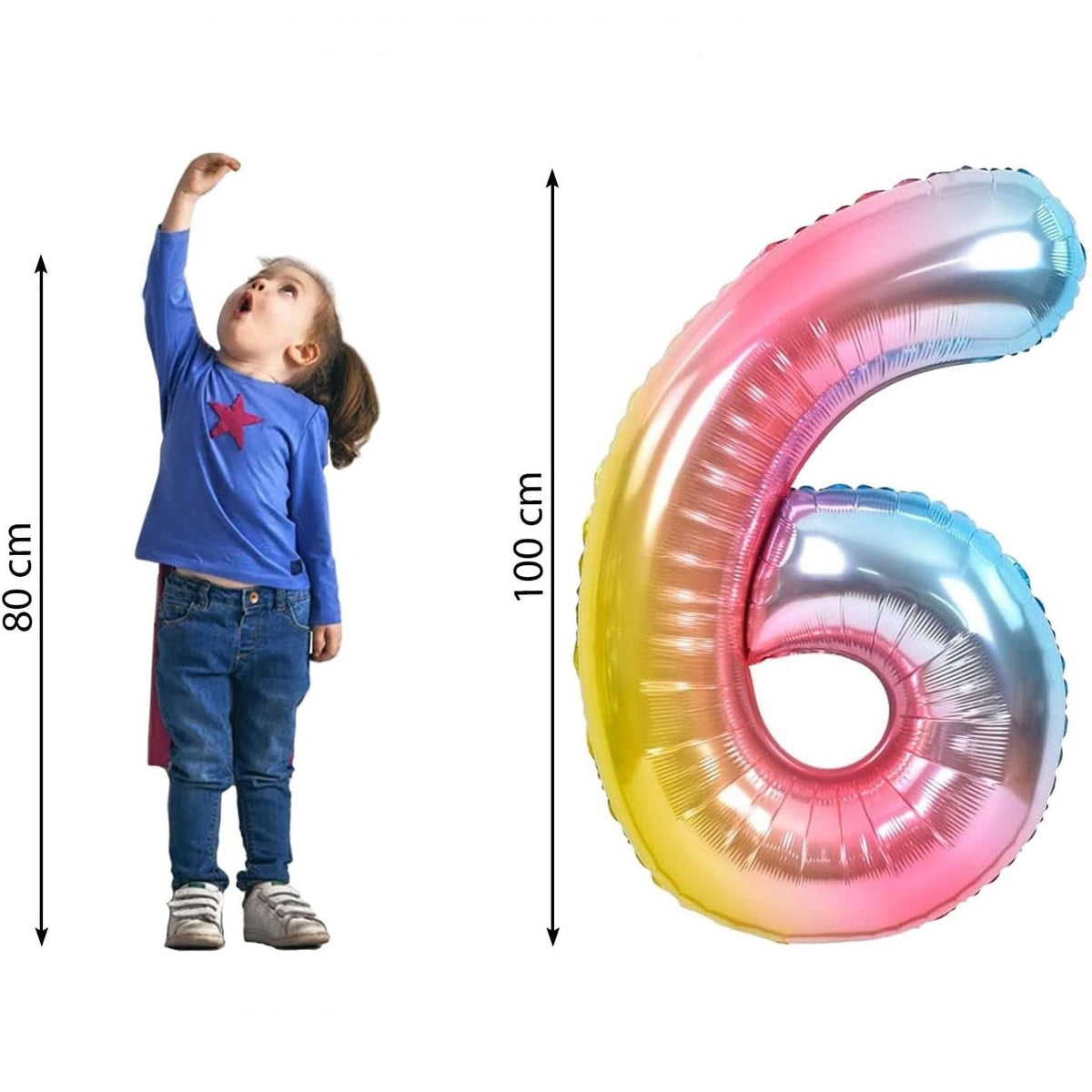 Balon Aniversar Cifra 6, Figurina Gigant 100 cm, Efect Metalizat Gradient, Folie Aluminiu, Umflare Aer sau Heliu, Multicolor