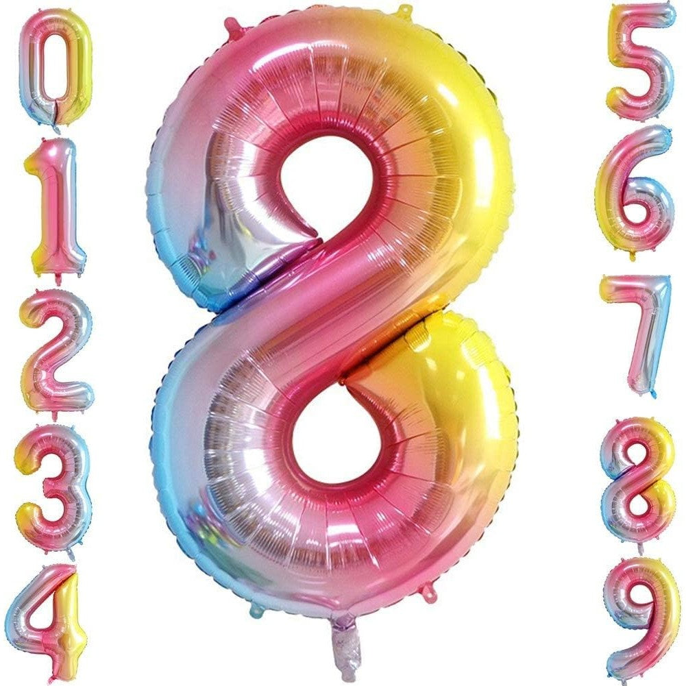 Balon Aniversar Cifra 8, Figurina din Folie Metalizata Gradient, Umflare Aer sau Heliu, Inaltime 100 cm, Pai Inclus, Multicolor