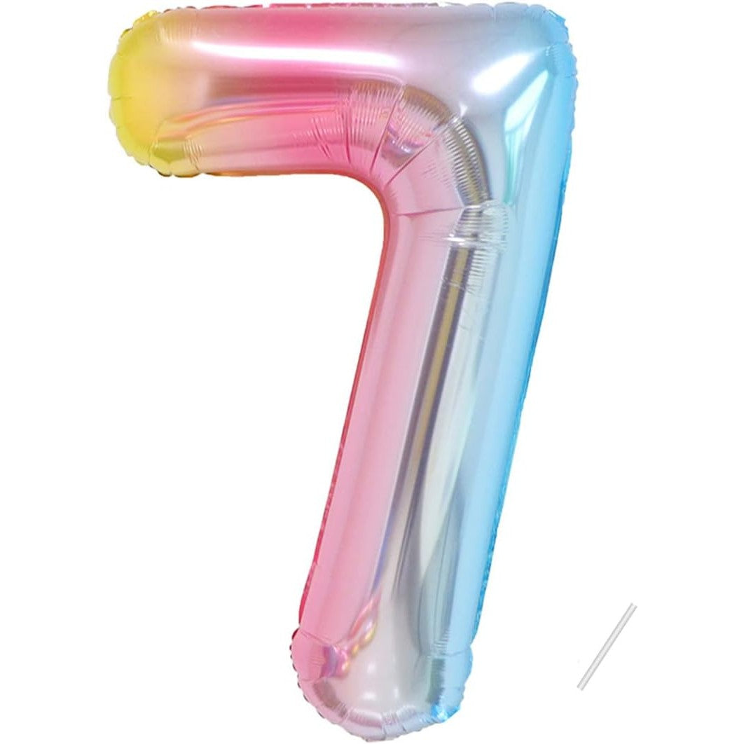 Balon Aniversar Cifra 7, Figurina Gigant 100 cm, Efect Gradient Multicolor, Folie Metalizata, Umflare Aer sau Heliu, Pai Inclus