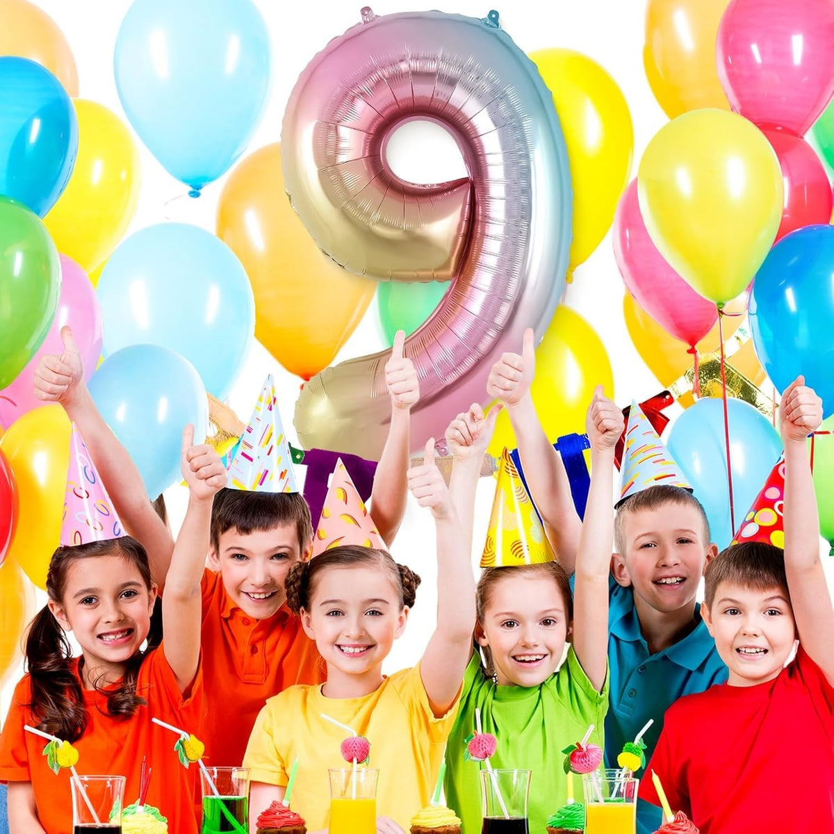 Balon Aniversar Cifra 9, Figurina Gigant Tema Party, Folie Metalizata Gradient, Umflare Aer sau Heliu, 100 cm, Multicolor