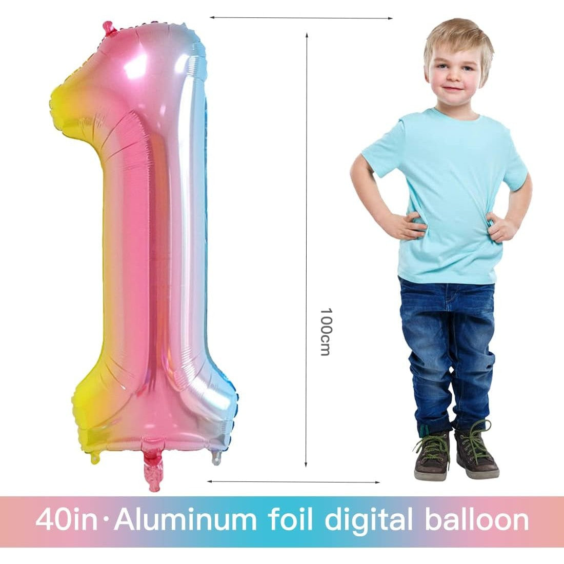 Balon Aniversar Cifra 1, Figurina Gigant din Folie Metalizata, Efect Gradient, Umflare Aer sau Heliu, Inaltime 100 cm, Multicolor, Pai Inclus
