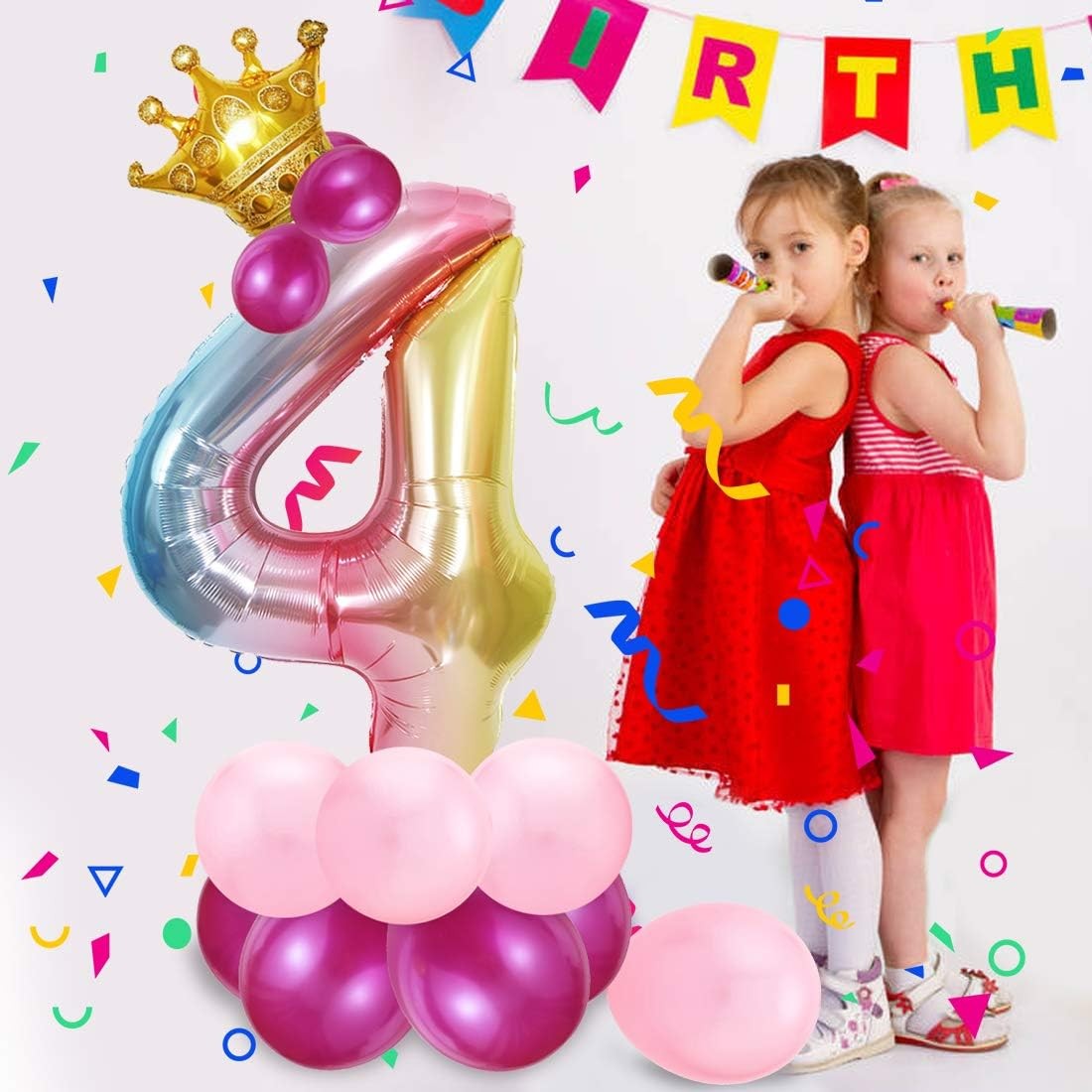 Balon Figurina Cifra 4, Balon Aniversar din Folie Metalizata Gradient, Umflare cu Aer sau Heliu, Include Pai, Inaltime 100 cm, Multicolor
