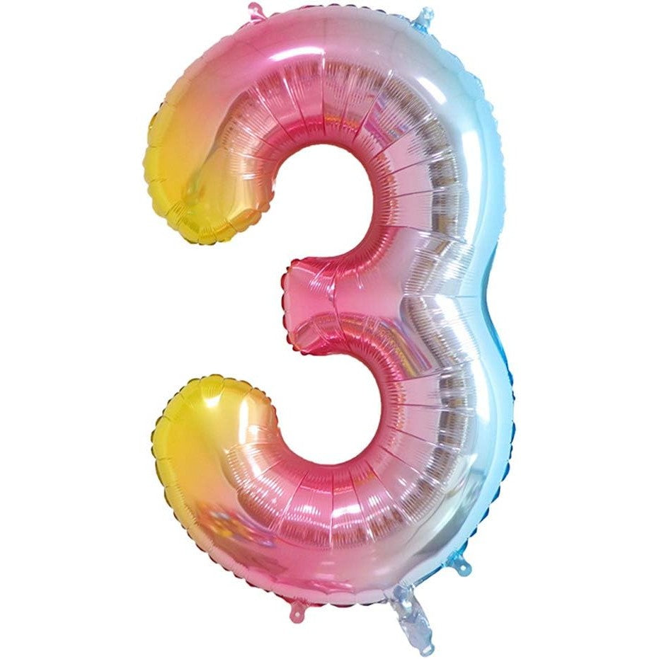 Balon Aniversar Cifra 3, Figurina Gigant din Folie Metalizata Gradient, Umflare Aer sau Heliu, Pai Inclus, 100 cm, Multicolor