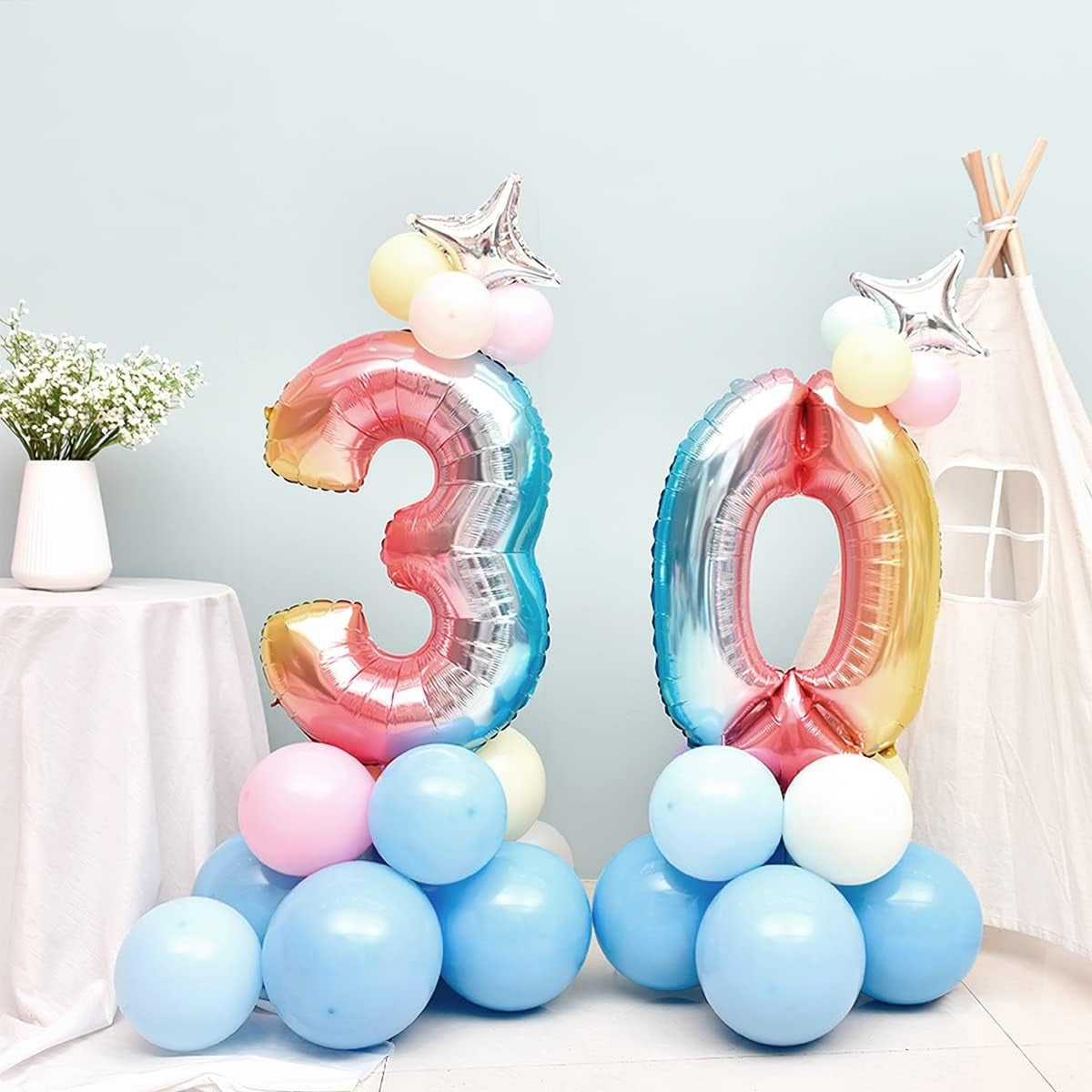 Balon Aniversar Cifra 3, Figurina Gigant din Folie Metalizata Gradient, Umflare Aer sau Heliu, Pai Inclus, 100 cm, Multicolor