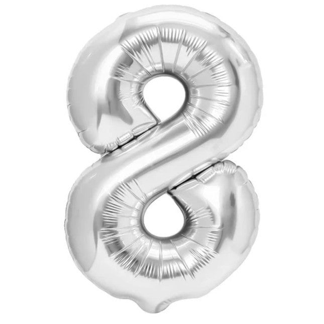 Balon Aniversar Cifra 8, Figurina din Folie Metalizata, Umflare cu Aer sau Heliu, Include Pai de Umflare, Argintiu, 100 cm