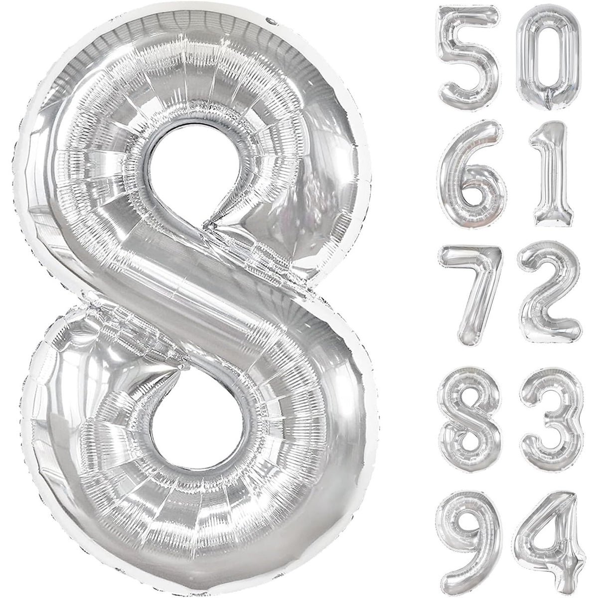 Balon Aniversar Cifra 8, Figurina din Folie Metalizata, Umflare cu Aer sau Heliu, Include Pai de Umflare, Argintiu, 100 cm