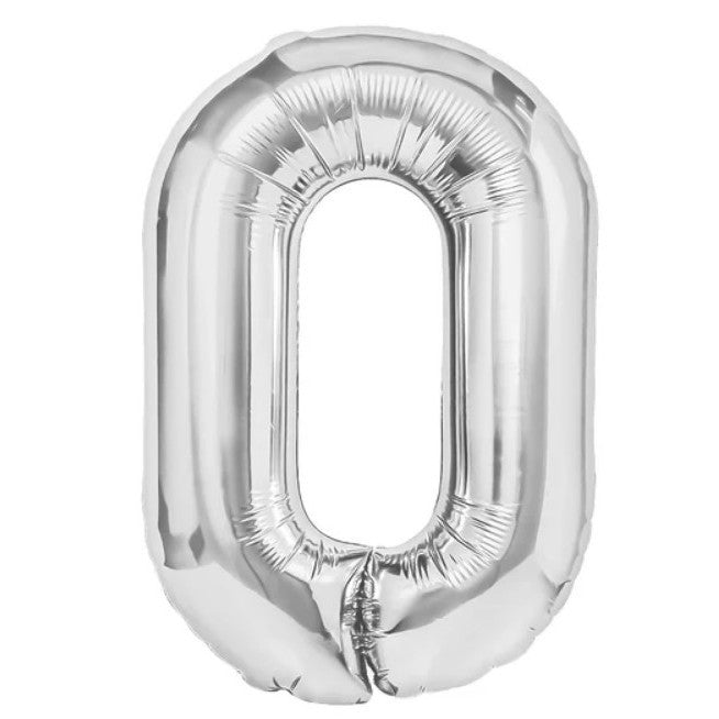 Balon Aniversar Cifra 0, Figurina din Folie Metalizata, Umflare cu Aer sau Heliu, Include Pai, Argintiu, 100 cm