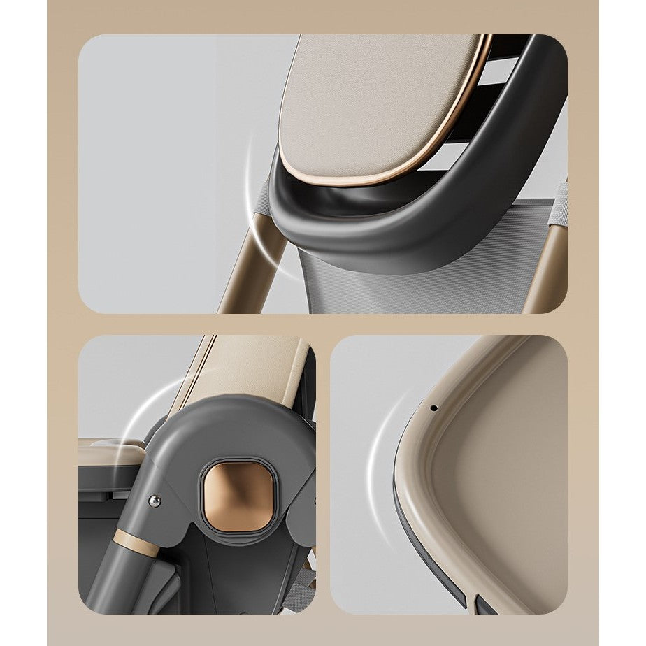 Scaun de Masa pentru Bebelusi si Copii, Multifunctional 3 in 1, Pliabil, Inaltime Ajustabila in 8 Trepte, Spatar Reglabil, 2 Tavite Detasabile, Centura in 5 Puncte, Cos Depozitare, Roti cu Blocare, Crem