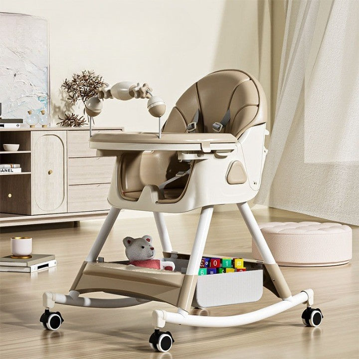 Scaun de Masa Multifunctional 3 in 1 pentru Bebelusi si Copii, Functie Balansoar si Roti cu Blocare, Spatar Reglabil, 2 Tavite Detasabile, Centura in 5 Puncte, Cos Depozitare, 6 Luni+, Crem
