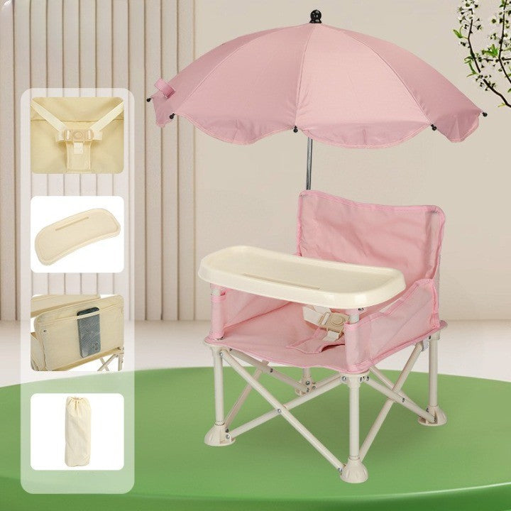 Scaun de Masa Portabil pentru Bebelusi si Copii, Inaltator Multifunctional Pliabil cu Umbrela, Tavita Detasabila si Centura de Siguranta, Otel si Oxford, 6 Luni-4 Ani, Roz